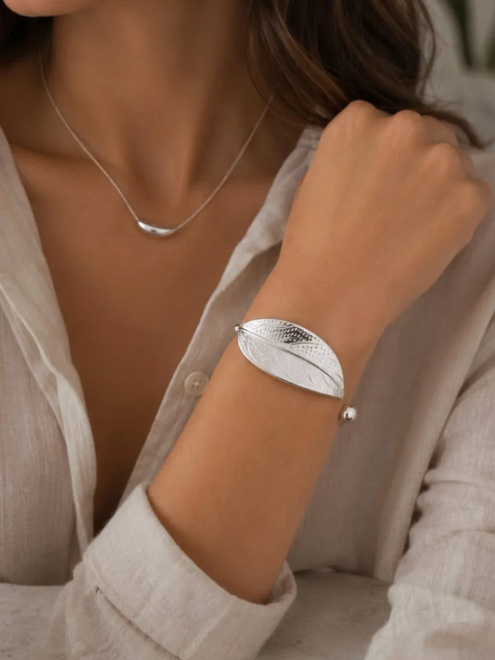 925 Sterling Silver Leaf Bracelet Adjustable Bangle Cuff Statement Bracelet